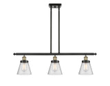 916-3I-BAB-G64 3-Light 36" Black Antique Brass Island Light - Seedy Small Cone Glass - LED Bulb - Dimmensions: 36 x 6 x 10<br>Minimum Height : 19.375<br>Maximum Height : 43.375 - Sloped Ceiling Compatible: Yes