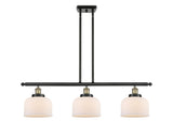 916-3I-BAB-G71 3-Light 36" Black Antique Brass Island Light - Matte White Cased Large Bell Glass - LED Bulb - Dimmensions: 36 x 8 x 11<br>Minimum Height : 20.375<br>Maximum Height : 44.375 - Sloped Ceiling Compatible: Yes