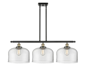 916-3I-AC-G72-L 3-Light 36" Antique Copper Island Light - Clear X-Large Bell Glass - LED Bulb - Dimmensions: 36 x 8 x 11<br>Minimum Height : 20.375<br>Maximum Height : 44.375 - Sloped Ceiling Compatible: Yes