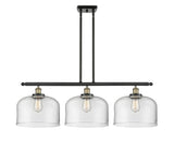916-3I-BAB-G72-L 3-Light 36" Black Antique Brass Island Light - Clear X-Large Bell Glass - LED Bulb - Dimmensions: 36 x 8 x 11<br>Minimum Height : 20.375<br>Maximum Height : 44.375 - Sloped Ceiling Compatible: Yes