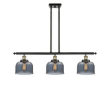 916-3I-BAB-G73 3-Light 36" Black Antique Brass Island Light - Plated Smoke Large Bell Glass - LED Bulb - Dimmensions: 36 x 8 x 11<br>Minimum Height : 20.375<br>Maximum Height : 44.375 - Sloped Ceiling Compatible: Yes