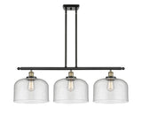 916-3I-BAB-G74-L 3-Light 36" Black Antique Brass Island Light - Seedy X-Large Bell Glass - LED Bulb - Dimmensions: 36 x 8 x 11<br>Minimum Height : 20.375<br>Maximum Height : 44.375 - Sloped Ceiling Compatible: Yes