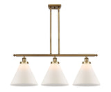 916-3I-BB-G41-L 3-Light 36" Brushed Brass Island Light - Matte White Cased Cone 12" Glass - LED Bulb - Dimmensions: 36 x 8 x 11<br>Minimum Height : 20.375<br>Maximum Height : 44.375 - Sloped Ceiling Compatible: Yes