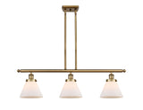 916-3I-BB-G41 3-Light 36" Brushed Brass Island Light - Matte White Cased Large Cone Glass - LED Bulb - Dimmensions: 36 x 8 x 11<br>Minimum Height : 20.375<br>Maximum Height : 44.375 - Sloped Ceiling Compatible: Yes