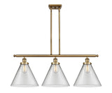916-3I-BB-G42-L 3-Light 36" Brushed Brass Island Light - Clear Cone 12" Glass - LED Bulb - Dimmensions: 36 x 8 x 11<br>Minimum Height : 20.375<br>Maximum Height : 44.375 - Sloped Ceiling Compatible: Yes