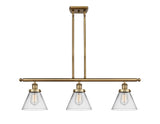 916-3I-BB-G42 3-Light 36" Brushed Brass Island Light - Clear Large Cone Glass - LED Bulb - Dimmensions: 36 x 8 x 11<br>Minimum Height : 20.375<br>Maximum Height : 44.375 - Sloped Ceiling Compatible: Yes