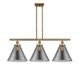 916-3I-BB-G43-L 3-Light 36" Brushed Brass Island Light - Plated Smoke Cone 12" Glass - LED Bulb - Dimmensions: 36 x 8 x 11<br>Minimum Height : 20.375<br>Maximum Height : 44.375 - Sloped Ceiling Compatible: Yes