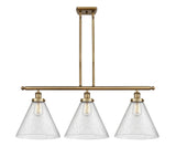 916-3I-BB-G44-L 3-Light 36" Brushed Brass Island Light - Seedy Cone 12" Glass - LED Bulb - Dimmensions: 36 x 8 x 11<br>Minimum Height : 20.375<br>Maximum Height : 44.375 - Sloped Ceiling Compatible: Yes