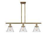 916-3I-BB-G44 3-Light 36" Brushed Brass Island Light - Seedy Large Cone Glass - LED Bulb - Dimmensions: 36 x 8 x 11<br>Minimum Height : 20.375<br>Maximum Height : 44.375 - Sloped Ceiling Compatible: Yes