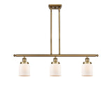 916-3I-BB-G51 3-Light 36" Brushed Brass Island Light - Matte White Cased Small Bell Glass - LED Bulb - Dimmensions: 36 x 5 x 10<br>Minimum Height : 19.375<br>Maximum Height : 43.375 - Sloped Ceiling Compatible: Yes
