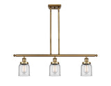 916-3I-BB-G52 3-Light 36" Brushed Brass Island Light - Clear Small Bell Glass - LED Bulb - Dimmensions: 36 x 5 x 10<br>Minimum Height : 19.375<br>Maximum Height : 43.375 - Sloped Ceiling Compatible: Yes