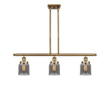 916-3I-BB-G53 3-Light 36" Brushed Brass Island Light - Plated Smoke Small Bell Glass - LED Bulb - Dimmensions: 36 x 5 x 10<br>Minimum Height : 19.375<br>Maximum Height : 43.375 - Sloped Ceiling Compatible: Yes
