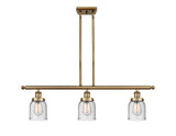916-3I-BB-G54 3-Light 36" Brushed Brass Island Light - Seedy Small Bell Glass - LED Bulb - Dimmensions: 36 x 5 x 10<br>Minimum Height : 19.375<br>Maximum Height : 43.375 - Sloped Ceiling Compatible: Yes