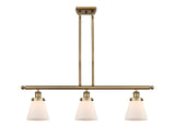 916-3I-BB-G61 3-Light 36" Brushed Brass Island Light - Matte White Cased Small Cone Glass - LED Bulb - Dimmensions: 36 x 6 x 10<br>Minimum Height : 19.375<br>Maximum Height : 43.375 - Sloped Ceiling Compatible: Yes