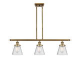 916-3I-BB-G64 3-Light 36" Brushed Brass Island Light - Seedy Small Cone Glass - LED Bulb - Dimmensions: 36 x 6 x 10<br>Minimum Height : 19.375<br>Maximum Height : 43.375 - Sloped Ceiling Compatible: Yes