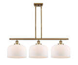 916-3I-BB-G71-L 3-Light 36" Brushed Brass Island Light - Matte White Cased X-Large Bell Glass - LED Bulb - Dimmensions: 36 x 8 x 11<br>Minimum Height : 20.375<br>Maximum Height : 44.375 - Sloped Ceiling Compatible: Yes