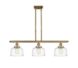 916-3I-BB-G713 3-Light 36" Brushed Brass Island Light - Clear Deco Swirl Large Bell Glass - LED Bulb - Dimmensions: 36 x 8 x 11<br>Minimum Height : 20.375<br>Maximum Height : 44.375 - Sloped Ceiling Compatible: Yes