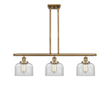 916-3I-BB-G72 3-Light 36" Brushed Brass Island Light - Clear Large Bell Glass - LED Bulb - Dimmensions: 36 x 8 x 11<br>Minimum Height : 20.375<br>Maximum Height : 44.375 - Sloped Ceiling Compatible: Yes