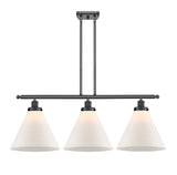 916-3I-BK-G41-L 3-Light 36" Matte Black Island Light - Matte White Cased Cone 12" Glass - LED Bulb - Dimmensions: 36 x 8 x 11<br>Minimum Height : 20.375<br>Maximum Height : 44.375 - Sloped Ceiling Compatible: Yes