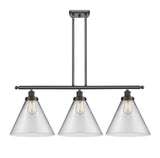 916-3I-BK-G42-L 3-Light 36" Matte Black Island Light - Clear Cone 12" Glass - LED Bulb - Dimmensions: 36 x 8 x 11<br>Minimum Height : 20.375<br>Maximum Height : 44.375 - Sloped Ceiling Compatible: Yes