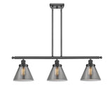 3-Light 36" Large Cone 3 Light Island Light - Plated Smoke Large Cone Glass - Choice of Finish And Incandesent Or LED Bulbs