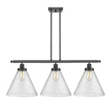 916-3I-BK-G44-L 3-Light 36" Matte Black Island Light - Seedy Cone 12" Glass - LED Bulb - Dimmensions: 36 x 8 x 11<br>Minimum Height : 20.375<br>Maximum Height : 44.375 - Sloped Ceiling Compatible: Yes