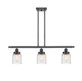 916-3I-BK-G513 3-Light 36" Matte Black Island Light - Clear Deco Swirl Small Bell Glass - LED Bulb - Dimmensions: 36 x 5 x 10<br>Minimum Height : 19.375<br>Maximum Height : 43.375 - Sloped Ceiling Compatible: Yes