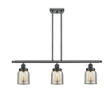 916-3I-BK-G58 3-Light 36" Matte Black Island Light - Silver Plated Mercury Small Bell Glass - LED Bulb - Dimmensions: 36 x 5 x 10<br>Minimum Height : 19.375<br>Maximum Height : 43.375 - Sloped Ceiling Compatible: Yes