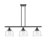 916-3I-BK-G713 3-Light 36" Matte Black Island Light - Clear Deco Swirl Large Bell Glass - LED Bulb - Dimmensions: 36 x 8 x 11<br>Minimum Height : 20.375<br>Maximum Height : 44.375 - Sloped Ceiling Compatible: Yes