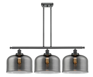 916-3I-AC-G73-L 3-Light 36" Antique Copper Island Light - Plated Smoke X-Large Bell Glass - LED Bulb - Dimmensions: 36 x 8 x 11<br>Minimum Height : 20.375<br>Maximum Height : 44.375 - Sloped Ceiling Compatible: Yes