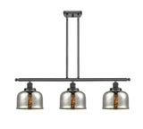 916-3I-BK-G78 3-Light 36" Matte Black Island Light - Silver Plated Mercury Large Bell Glass - LED Bulb - Dimmensions: 36 x 8 x 11<br>Minimum Height : 20.375<br>Maximum Height : 44.375 - Sloped Ceiling Compatible: Yes