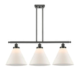 916-3I-OB-G41-L 3-Light 36" Oil Rubbed Bronze Island Light - Matte White Cased Cone 12" Glass - LED Bulb - Dimmensions: 36 x 8 x 11<br>Minimum Height : 20.375<br>Maximum Height : 44.375 - Sloped Ceiling Compatible: Yes