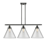916-3I-OB-G42-L 3-Light 36" Oil Rubbed Bronze Island Light - Clear Cone 12" Glass - LED Bulb - Dimmensions: 36 x 8 x 11<br>Minimum Height : 20.375<br>Maximum Height : 44.375 - Sloped Ceiling Compatible: Yes