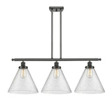 916-3I-OB-G44-L 3-Light 36" Oil Rubbed Bronze Island Light - Seedy Cone 12" Glass - LED Bulb - Dimmensions: 36 x 8 x 11<br>Minimum Height : 20.375<br>Maximum Height : 44.375 - Sloped Ceiling Compatible: Yes