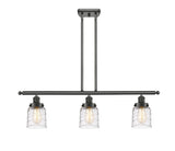 916-3I-OB-G513 3-Light 36" Oil Rubbed Bronze Island Light - Clear Deco Swirl Small Bell Glass - LED Bulb - Dimmensions: 36 x 5 x 10<br>Minimum Height : 19.375<br>Maximum Height : 43.375 - Sloped Ceiling Compatible: Yes
