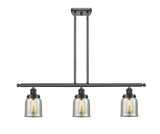 916-3I-OB-G58 3-Light 36" Oil Rubbed Bronze Island Light - Silver Plated Mercury Small Bell Glass - LED Bulb - Dimmensions: 36 x 5 x 10<br>Minimum Height : 19.375<br>Maximum Height : 43.375 - Sloped Ceiling Compatible: Yes