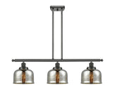 916-3I-OB-G78 3-Light 36" Oil Rubbed Bronze Island Light - Silver Plated Mercury Large Bell Glass - LED Bulb - Dimmensions: 36 x 8 x 11<br>Minimum Height : 20.375<br>Maximum Height : 44.375 - Sloped Ceiling Compatible: Yes