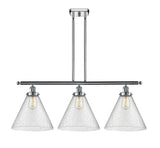 916-3I-PC-G44-L 3-Light 36" Polished Chrome Island Light - Seedy Cone 12" Glass - LED Bulb - Dimmensions: 36 x 8 x 11<br>Minimum Height : 20.375<br>Maximum Height : 44.375 - Sloped Ceiling Compatible: Yes