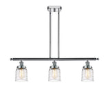 916-3I-PC-G513 3-Light 36" Polished Chrome Island Light - Clear Deco Swirl Small Bell Glass - LED Bulb - Dimmensions: 36 x 5 x 10<br>Minimum Height : 19.375<br>Maximum Height : 43.375 - Sloped Ceiling Compatible: Yes