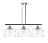 916-3I-PC-G713-L 3-Light 36" Polished Chrome Island Light - Clear Deco Swirl X-Large Bell Glass - LED Bulb - Dimmensions: 36 x 8 x 11<br>Minimum Height : 20.375<br>Maximum Height : 44.375 - Sloped Ceiling Compatible: Yes