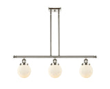 916-3I-PN-G201-6 3-Light 36" Polished Nickel Island Light - Matte White Cased Beacon Glass - LED Bulb - Dimmensions: 36 x 6 x 10<br>Minimum Height : 19.375<br>Maximum Height : 43.375 - Sloped Ceiling Compatible: Yes