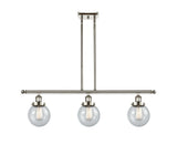 916-3I-PN-G204-6 3-Light 36" Polished Nickel Island Light - Seedy Beacon Glass - LED Bulb - Dimmensions: 36 x 6 x 10<br>Minimum Height : 19.375<br>Maximum Height : 43.375 - Sloped Ceiling Compatible: Yes