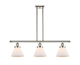 916-3I-PN-G41 3-Light 36" Polished Nickel Island Light - Matte White Cased Large Cone Glass - LED Bulb - Dimmensions: 36 x 8 x 11<br>Minimum Height : 20.375<br>Maximum Height : 44.375 - Sloped Ceiling Compatible: Yes