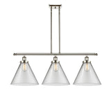 916-3I-PN-G42-L 3-Light 36" Polished Nickel Island Light - Clear Cone 12" Glass - LED Bulb - Dimmensions: 36 x 8 x 11<br>Minimum Height : 20.375<br>Maximum Height : 44.375 - Sloped Ceiling Compatible: Yes