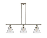 916-3I-PN-G42 3-Light 36" Polished Nickel Island Light - Clear Large Cone Glass - LED Bulb - Dimmensions: 36 x 8 x 11<br>Minimum Height : 20.375<br>Maximum Height : 44.375 - Sloped Ceiling Compatible: Yes