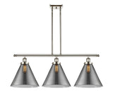 916-3I-PN-G43-L 3-Light 36" Polished Nickel Island Light - Plated Smoke Cone 12" Glass - LED Bulb - Dimmensions: 36 x 8 x 11<br>Minimum Height : 20.375<br>Maximum Height : 44.375 - Sloped Ceiling Compatible: Yes