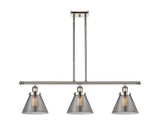 916-3I-PN-G43 3-Light 36" Polished Nickel Island Light - Plated Smoke Large Cone Glass - LED Bulb - Dimmensions: 36 x 8 x 11<br>Minimum Height : 20.375<br>Maximum Height : 44.375 - Sloped Ceiling Compatible: Yes