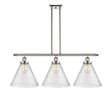 916-3I-PN-G44-L 3-Light 36" Polished Nickel Island Light - Seedy Cone 12" Glass - LED Bulb - Dimmensions: 36 x 8 x 11<br>Minimum Height : 20.375<br>Maximum Height : 44.375 - Sloped Ceiling Compatible: Yes
