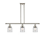 916-3I-PN-G52 3-Light 36" Polished Nickel Island Light - Clear Small Bell Glass - LED Bulb - Dimmensions: 36 x 5 x 10<br>Minimum Height : 19.375<br>Maximum Height : 43.375 - Sloped Ceiling Compatible: Yes