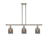 916-3I-PN-G53 3-Light 36" Polished Nickel Island Light - Plated Smoke Small Bell Glass - LED Bulb - Dimmensions: 36 x 5 x 10<br>Minimum Height : 19.375<br>Maximum Height : 43.375 - Sloped Ceiling Compatible: Yes